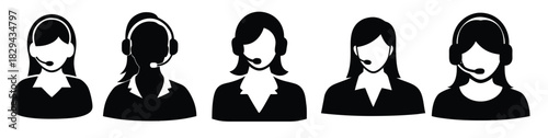  Call center operator headset support silhouette vector set