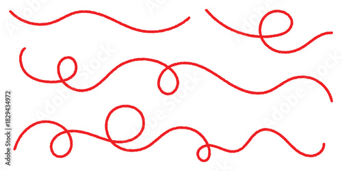 A hand-drawn red thread stroke with loops symbolizing stitching and artistry, suitable for tailoring logos, fabric packaging, and craft-related digital designs.
