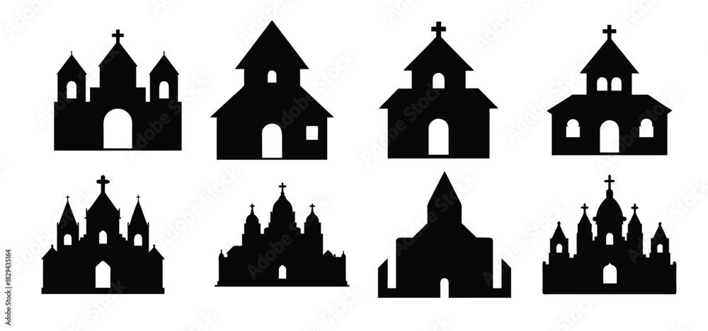Obraz premium Church Silhouettes. Christian Cathedral Vector Icons