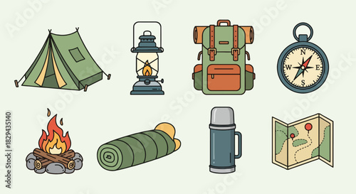 Camping gear icons set for outdoor adventure