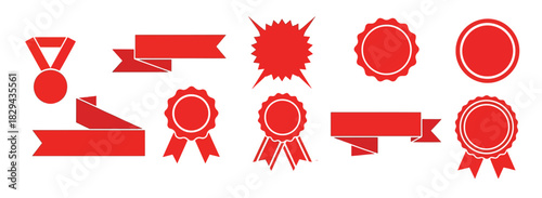 collection of red ribbons and award medals