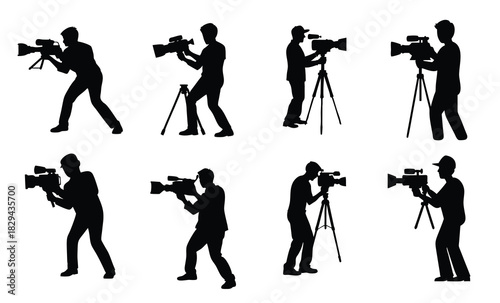 Cameraman Silhouette Icon Set - Videographer Filming Vector Illustration