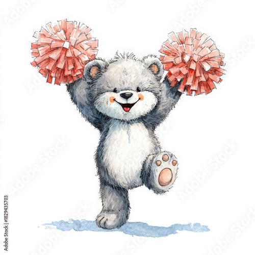 a cute teddy bear doing cheerleading with pom poms