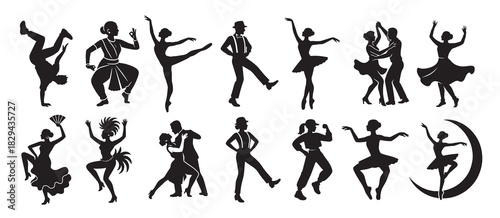  dancing person or dance couple black silhouette design set 