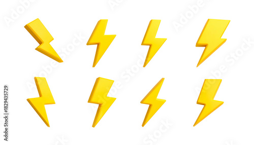 Eight cartoon-style lightning bolts in different orientations, all with yellow and orange tones