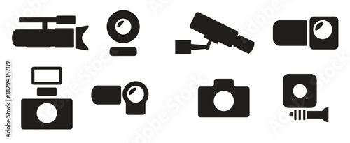 cameras and video cameras simple black icons set
