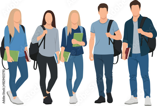 Diverse group of five young adult students standing together with backpacks and books on a white background