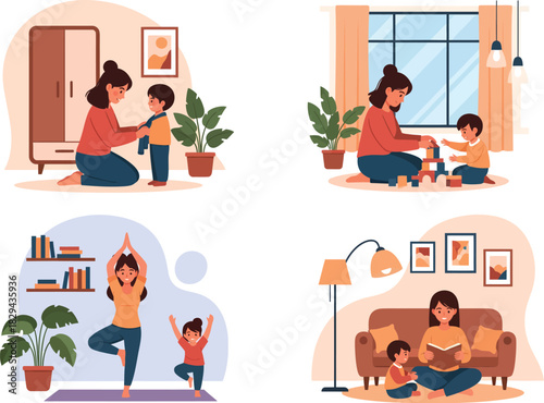 Mother and child engaging in various home activities including playing with blocks reading and yoga promoting family bonding and development