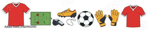 collection of soccer equipment and apparel for a game 
