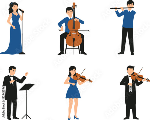 Diverse group of musicians performing classical music on stage with instruments and conductor leading the orchestra