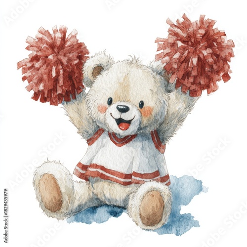 a cute teddy bear doing cheerleading with pom poms