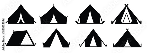 Camping Tent Silhouette Icon Set - Outdoor Adventure Vector Illustration