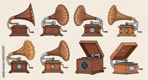 Vintage gramophone collection in various styles