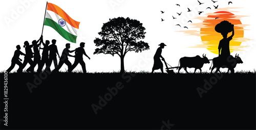 Silhouettes of people celebrating indian independence day with a flag and farmers working the land at sunset