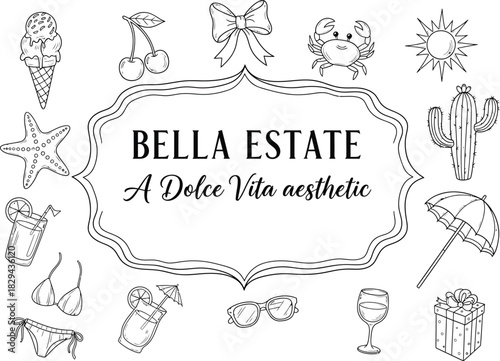 Elegant vintage botanical illustration frame with bella estate a dolce vita aesthetic text for invitations and design
