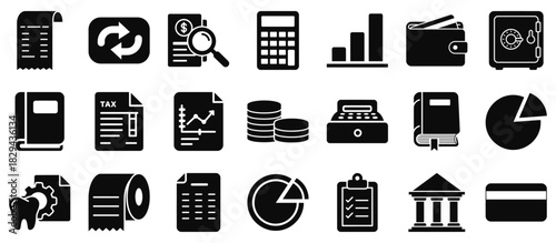 Comprehensive set of financial and business accounting icons: calculator, wallet, tax, graph, coins, bank, documents, and secure safe.