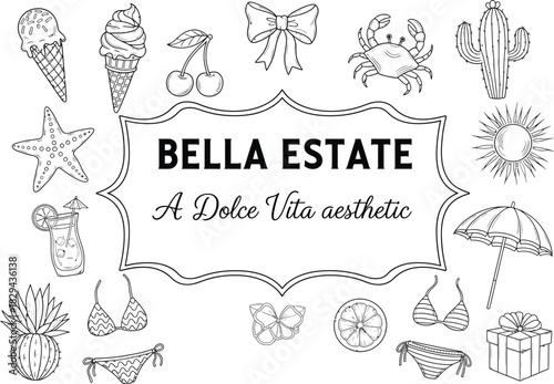 Elegant vintage botanical illustrations and decorative elements surrounding a central textual design for bella estate