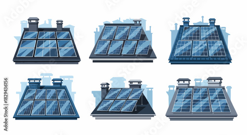 Houses with solar panels on rooftops, urban scene