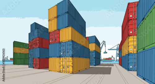 Colorful shipping containers stacked at a port