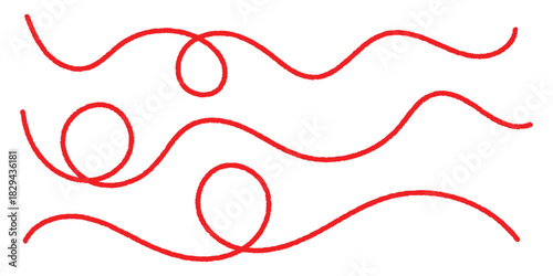 Red thread forming soft waves and loops, ideal for textile-themed designs, craft projects, sewing illustrations, handmade branding, and creative decorative dividers. Vector illustration. EPS 10