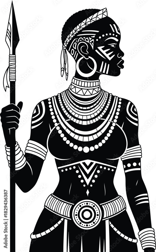 Obraz premium Silhouette of a powerful african woman warrior adorned with intricate tribal jewelry and holding a spear
