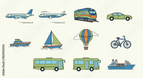 Transportation icons set with various vehicles