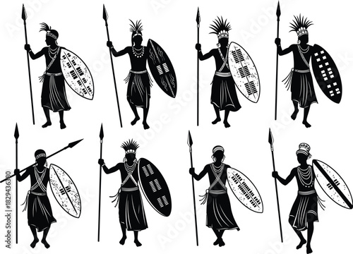 Collection of eight stylized african warriors in traditional attire holding spears and shields ready for battle