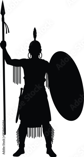 Silhouette of a spartan warrior standing proudly with a spear and shield against a white background