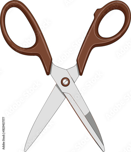 Everyday stainless steel household scissors vector illustration with dark brown plastic handles, open blades, perfect for crafting, office, or school supplies.