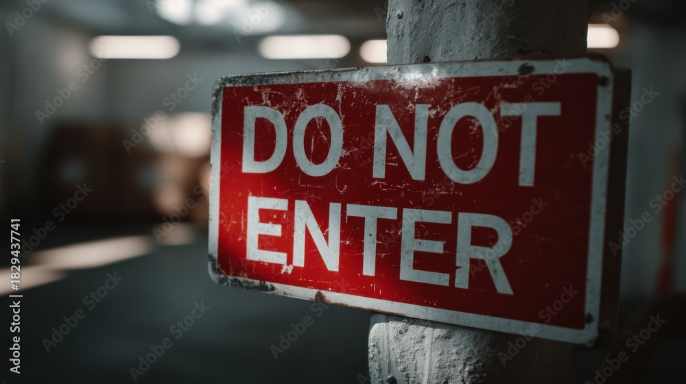 Fototapeta premium Warning Sign: Close-up of a bold red DO NOT ENTER sign, conveying a sense of restriction and a need for caution. The sign stands out against the muted backdrop of a parking area.
