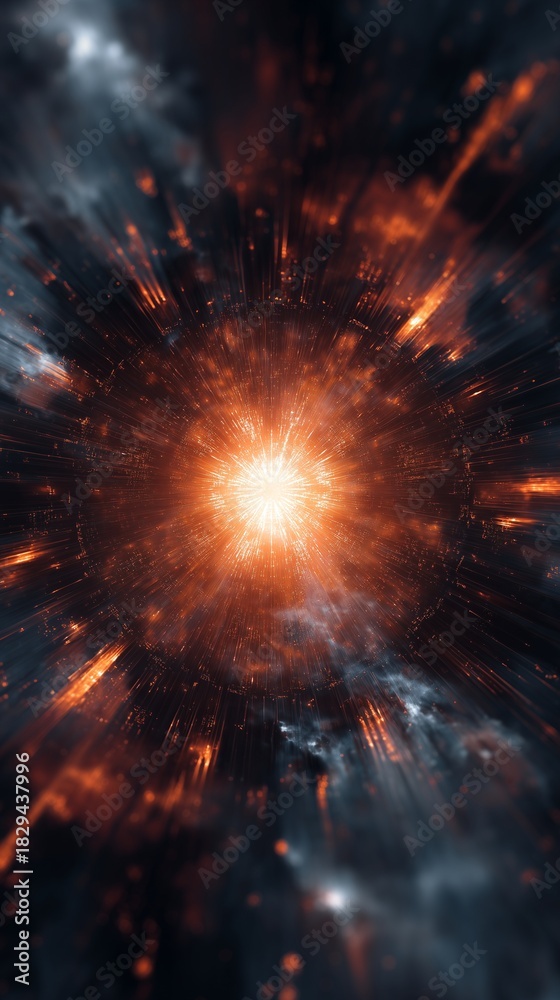 Fototapeta premium Cosmic Inferno: A mesmerizing explosion of cosmic energy and vibrant fiery hues, captured with stunning detail, creating an abstract and awe-inspiring display.