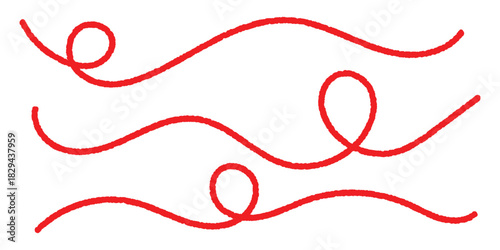 Red thread isolates on a white background. Red silk thread looped in a circle form, symbolizing vector thread of fate in tradition. Line of red yarn, long red thread