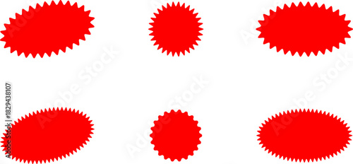 Red and yellow shopping labels collection. Sale or discount sticker. Starburst red sticker set. Special offer price tag. Supermarket promotional badge. Promo stickers with star edges. Vector, PNG