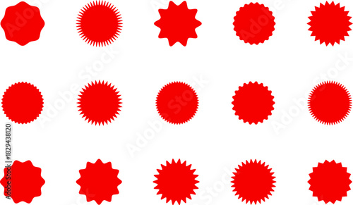 Red and yellow shopping labels collection. Sale or discount sticker. Starburst red sticker set. Special offer price tag. Supermarket promotional badge. Promo stickers with star edges. Vector, PNG