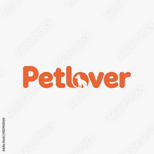 Petlover red typography logo, creative animal love heart mark vector icon for pet grooming and services business.