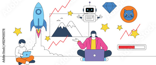 Abstract illustration of digital innovation, business startup growth, and creative technology featuring a meditating robot, rocket launch, data charts, and designers working with laptops and tablets.