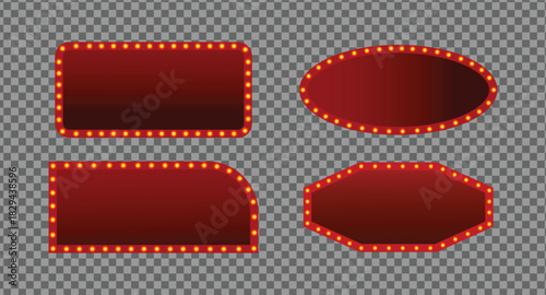 Retro illuminated sign collection with red backgrounds and glowing bulbs perfect for vintage themed designs and advertising set on transparent background