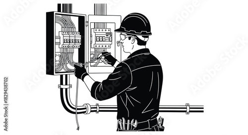 An electrician working on an electrical panel with safety equipment