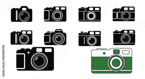 Collection of vintage and modern camera illustrations in black and white