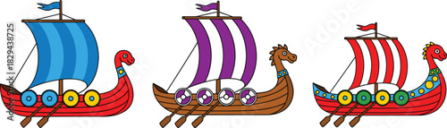 Colorful set of three cartoon Viking longships or dragon boats with striped sails, shields, and oars, representing Norse history, medieval travel, mythology, and Scandinavian culture vector illustrati