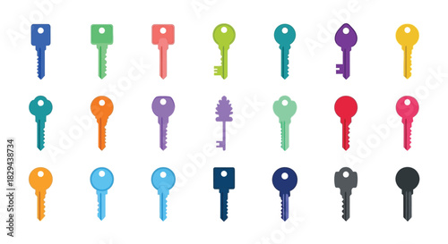 Colorful collection of various keys arranged in neat rows and columns