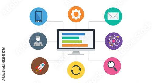 Digital connections and integrated technologies represented by icons and a central screen