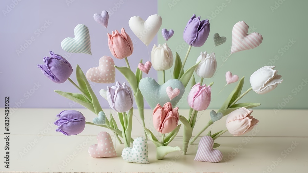 Obraz premium Whimsical arrangement of pastel fabric tulips and floating hearts on a split purple and green background, symbolizing love and spring.