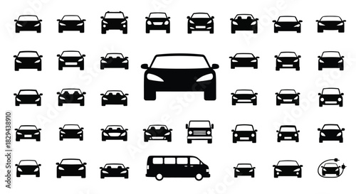 A collection of vehicle silhouettes cars vans and a spare tire graphic