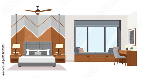 Modern bedroom interior design with wooden accents comfortable bed and window seat