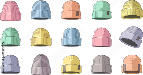 Colorful Beanies in Various Pastel Shades on White Background