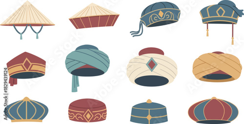 Collection of Traditional Asian Headgear in Artistic Flat Style