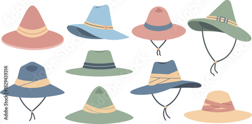 Collection of Colorful Wide-Brimmed Sun Hats with Ribbons on White Background