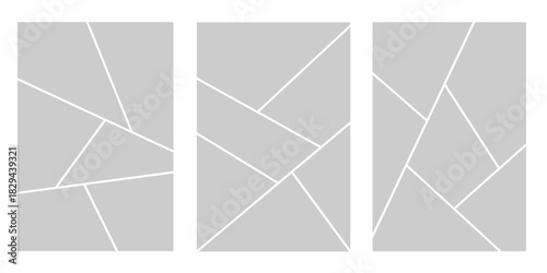 Image collage layout template. Grey mosaic mood board grid collection. Picture frame set. Photo album idea for banner, poster, comic page, flyer, brochure, booklet, memory wall design. Vector pack