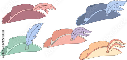 Colorful Vintage Style Feathered Tricorn Hats in Pastel and Vibrant Shades